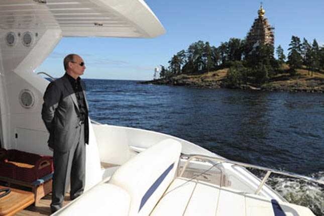 Vladimir Putin on a boat in Karelia
