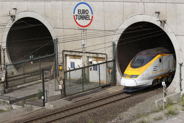 A high-speed Eurostar train leaves the Channel tunnel near the Eurotunnel terminal of Coquelles near Calais